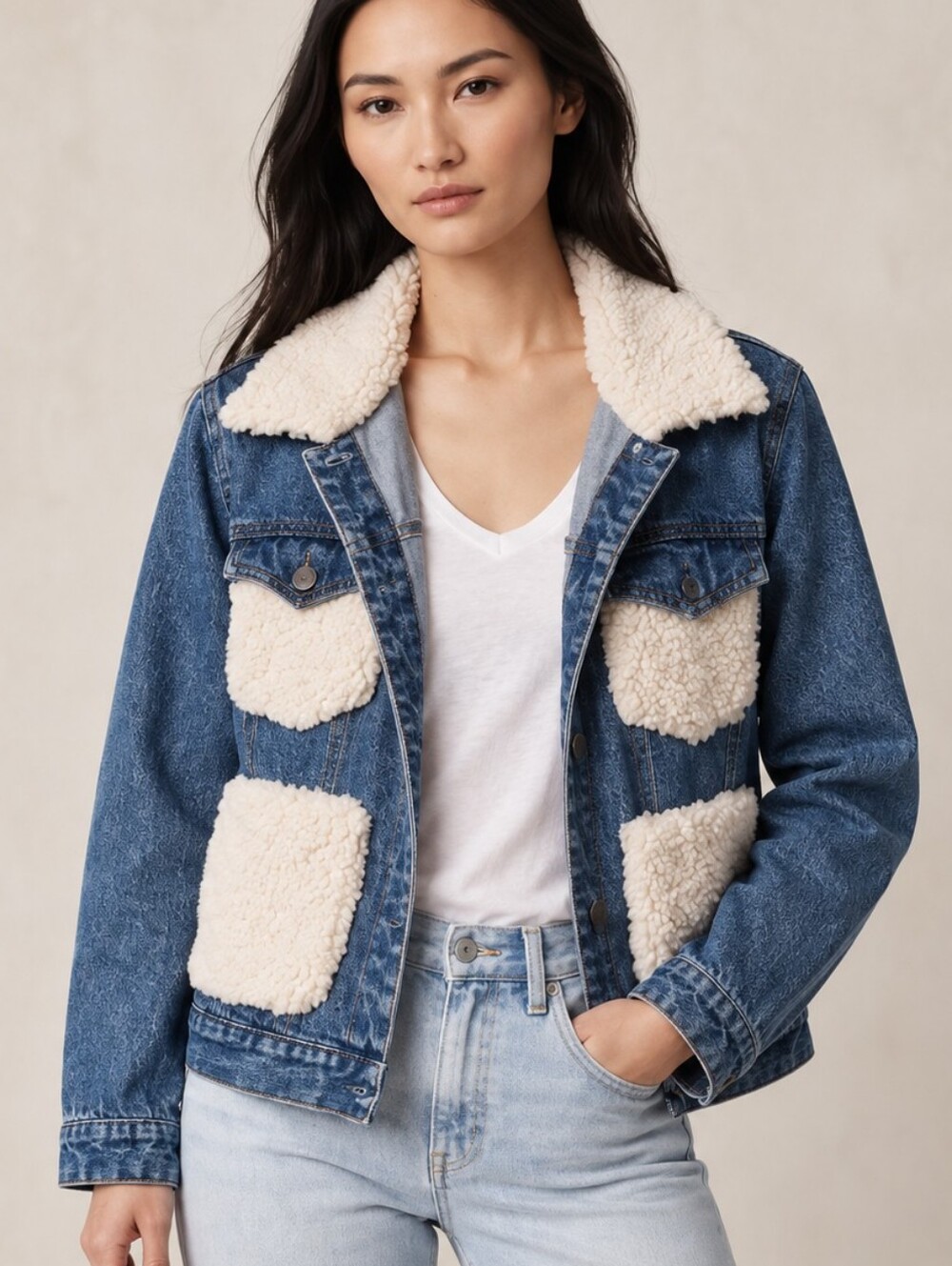 Machine Jeans Sherpa Patchwork Denim Jacket Blue Cream Size L